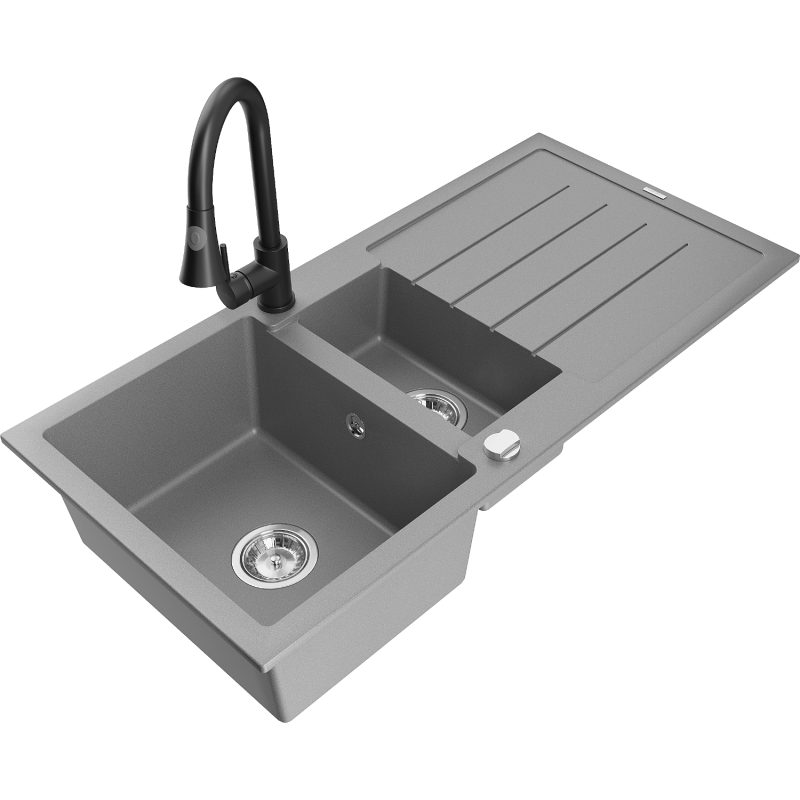 Mexen Andres zlewozmywak granitowy 1,5-komorowy z ociekaczem i baterią kuchenną Elia, szary - 6515-71-670101-70