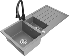 Mexen Andres zlewozmywak granitowy 1,5-komorowy z ociekaczem i baterią kuchenną Elia, szary - 6515-71-670101-70