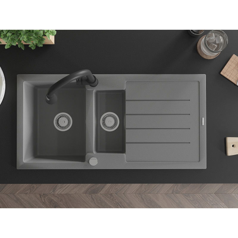 Mexen Andres zlewozmywak granitowy 1,5-komorowy z ociekaczem i baterią kuchenną Elia, szary - 6515-71-670101-70