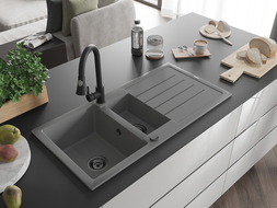 Mexen Andres zlewozmywak granitowy 1,5-komorowy z ociekaczem i baterią kuchenną Elia, szary - 6515-71-670101-70-B