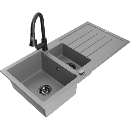 Mexen Andres zlewozmywak granitowy 1,5-komorowy z ociekaczem i baterią kuchenną Elia, szary - 6515-71-670101-70-B