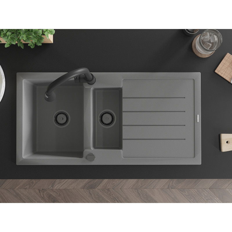 Mexen Andres zlewozmywak granitowy 1,5-komorowy z ociekaczem i baterią kuchenną Elia, szary - 6515-71-670101-70-B