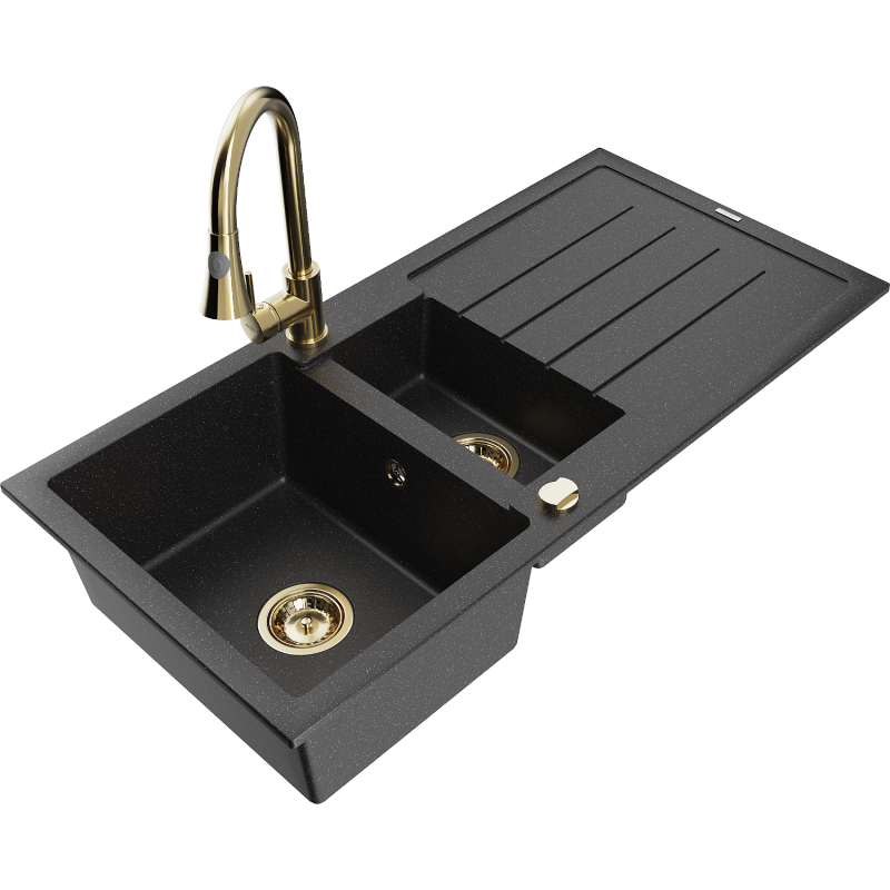 Mexen Andres zlewozmywak granitowy 1,5-komorowy z ociekaczem i baterią kuchenną Elia, czarny/srebrny metalik - 6515-73-670101-50