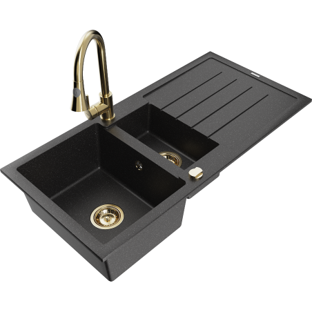 Mexen Andres zlewozmywak granitowy 1,5-komorowy z ociekaczem i baterią kuchenną Elia, czarny/srebrny metalik - 6515-73-670101-50