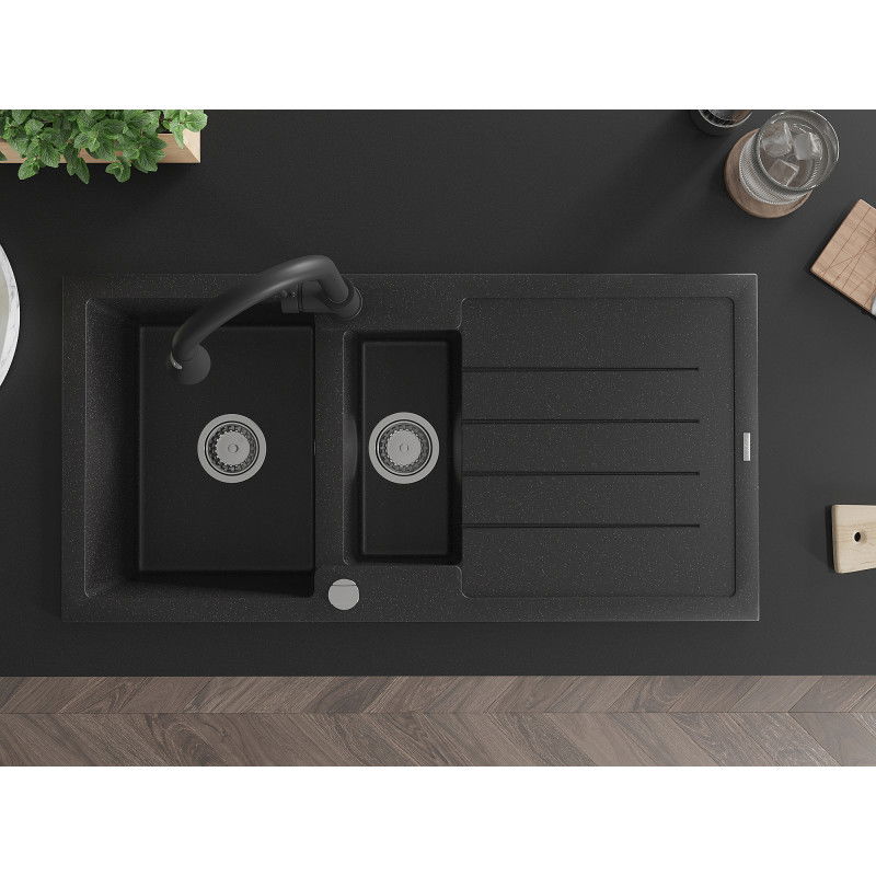 Mexen Andres zlewozmywak granitowy 1,5-komorowy z ociekaczem i baterią kuchenną Elia, czarny/srebrny metalik - 6515-73-670101-70