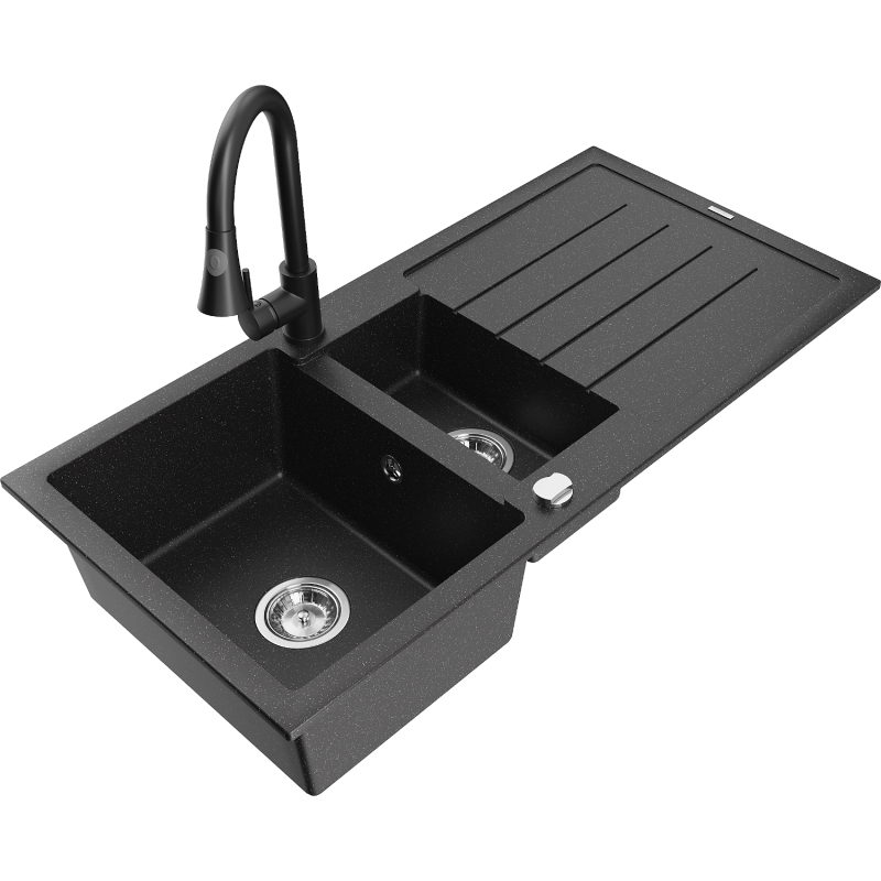 Mexen Andres zlewozmywak granitowy 1,5-komorowy z ociekaczem i baterią kuchenną Elia, czarny/srebrny metalik - 6515-73-670101-70