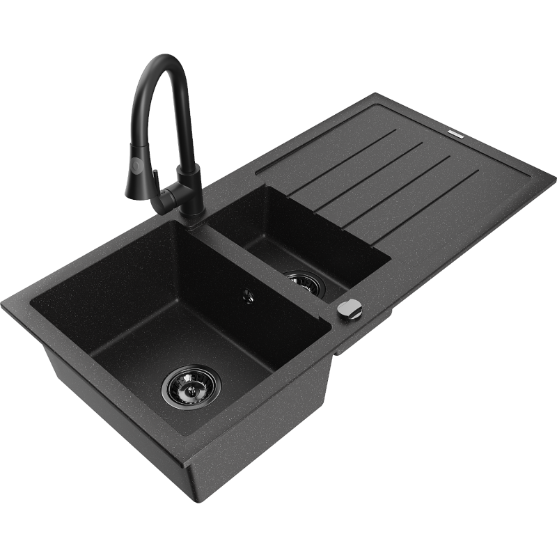 Mexen Andres zlewozmywak granitowy 1,5-komorowy z ociekaczem i baterią kuchenną Elia, czarny/srebrny - 6515-73-670101-70-B