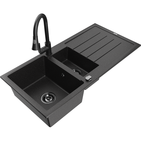 Mexen Andres zlewozmywak granitowy 1,5-komorowy z ociekaczem i baterią kuchenną Elia, czarny/srebrny - 6515-73-670101-70-B