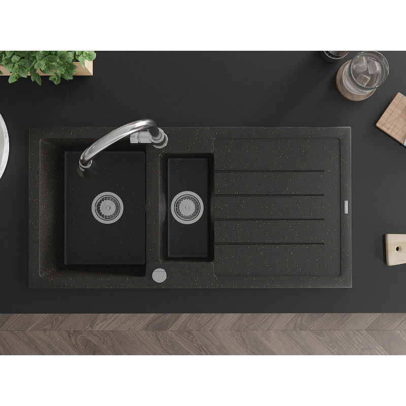 Mexen Andres zlewozmywak granitowy 1,5-komorowy z ociekaczem i baterią kuchenną Elia, czarny/złoty metalik - 6515-75-670101-00