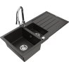 Mexen Andres zlewozmywak granitowy 1,5-komorowy z ociekaczem i baterią kuchenną Elia, czarny/złoty metalik - 6515-75-670101-00