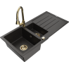 Mexen Andres zlewozmywak granitowy 1,5-komorowy z ociekaczem i baterią kuchenną Elia, czarny/złoty metalik - 6515-75-670101-50