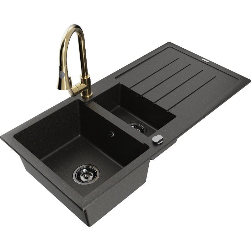Mexen Andres zlewozmywak granitowy 1,5-komorowy z ociekaczem i baterią kuchenną Elia, czarny/złoty metalik - 6515-75-670101-50-B