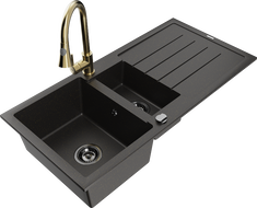 Mexen Andres zlewozmywak granitowy 1,5-komorowy z ociekaczem i baterią kuchenną Elia, czarny/złoty metalik - 6515-75-670101-50-B