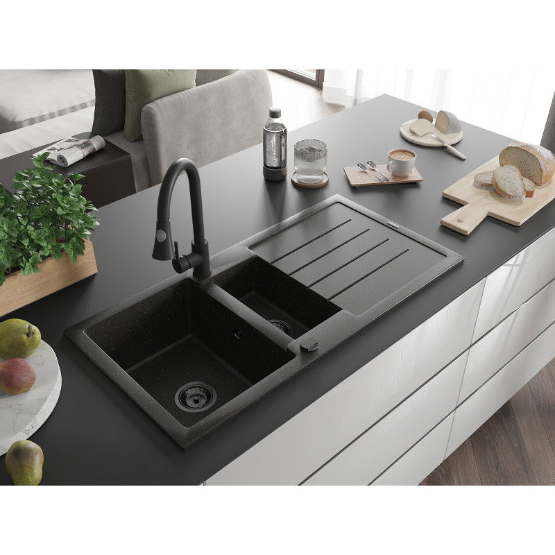 Mexen Andres zlewozmywak granitowy 1,5-komorowy z ociekaczem i baterią kuchenną Elia, czarny/złoty metalik - 6515-75-670101-70-B