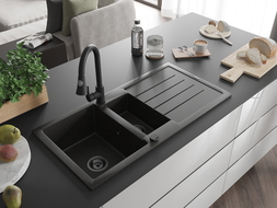 Mexen Andres zlewozmywak granitowy 1,5-komorowy z ociekaczem i baterią kuchenną Elia, czarny/złoty metalik - 6515-75-670101-70-B