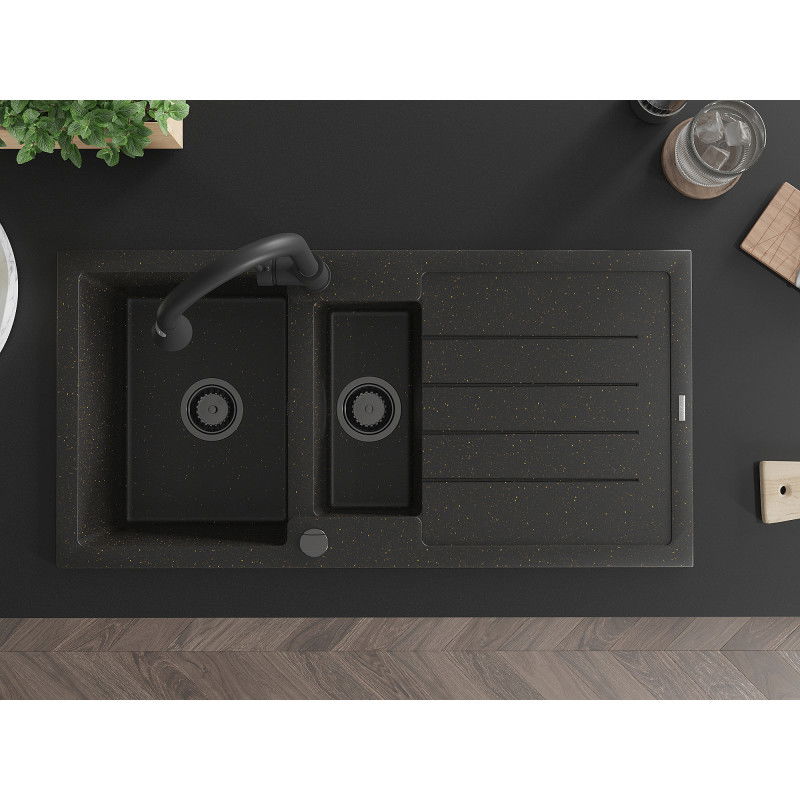 Mexen Andres zlewozmywak granitowy 1,5-komorowy z ociekaczem i baterią kuchenną Elia, czarny/złoty metalik - 6515-75-670101-70-B