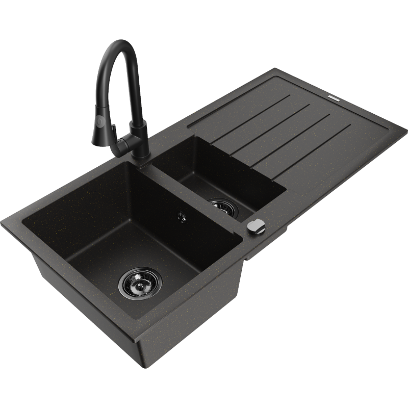 Mexen Andres zlewozmywak granitowy 1,5-komorowy z ociekaczem i baterią kuchenną Elia, czarny/złoty metalik - 6515-75-670101-70-B