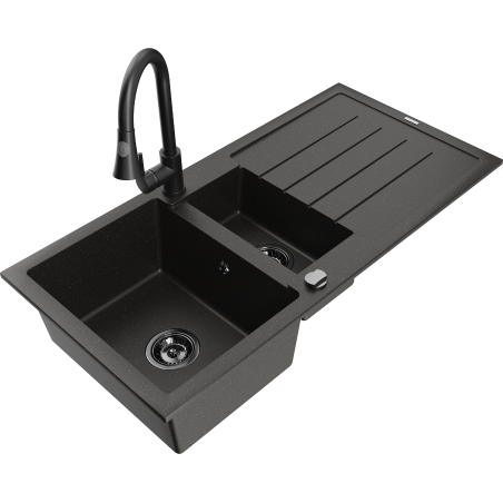 Mexen Andres zlewozmywak granitowy 1,5-komorowy z ociekaczem i baterią kuchenną Elia, czarny/złoty metalik - 6515-75-670101-70-B