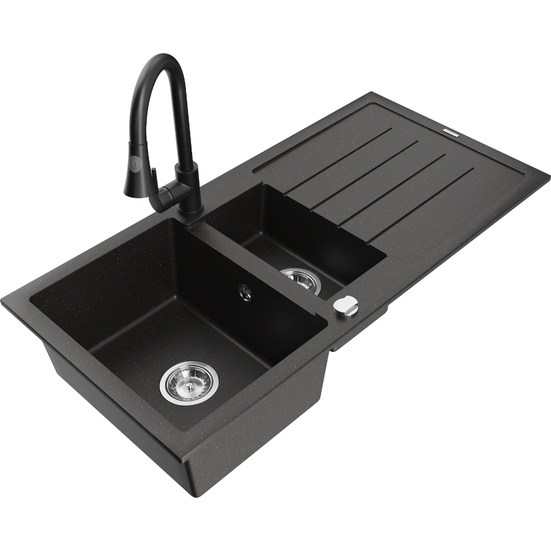 Mexen Andres zlewozmywak granitowy 1,5-komorowy z ociekaczem i baterią kuchenną Elia, czarny/złoty metalik - 6515-75-670101-70