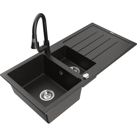 Mexen Andres zlewozmywak granitowy 1,5-komorowy z ociekaczem i baterią kuchenną Elia, czarny/złoty metalik - 6515-75-670101-70