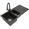 Mexen Andres zlewozmywak granitowy 1,5-komorowy z ociekaczem i baterią kuchenną Elia, czarny/złoty metalik - 6515-75-670101-70