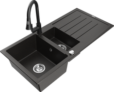 Mexen Andres zlewozmywak granitowy 1,5-komorowy z ociekaczem i baterią kuchenną Elia, czarny/złoty metalik - 6515-75-670101-70