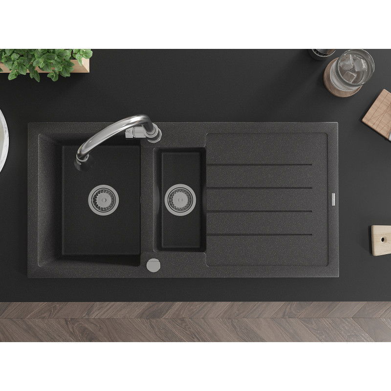 Mexen Andres zlewozmywak granitowy 1,5-komorowy z ociekaczem i baterią kuchenną Elia, czarny nakrapiany - 6515-76-670101-00
