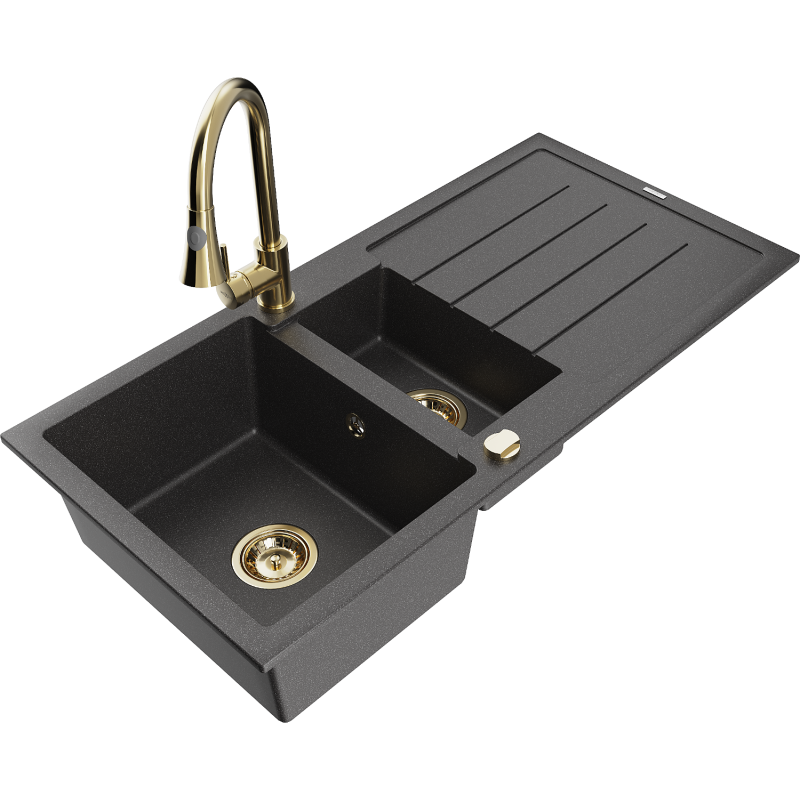 Mexen Andres zlewozmywak granitowy 1,5-komorowy z ociekaczem i baterią kuchenną Elia, czarny nakrapiany - 6515-76-670101-50