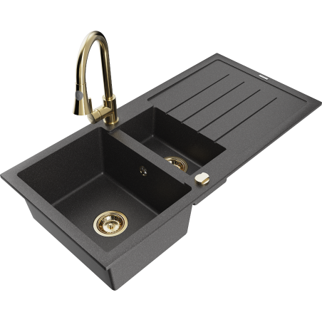 Mexen Andres zlewozmywak granitowy 1,5-komorowy z ociekaczem i baterią kuchenną Elia, czarny nakrapiany - 6515-76-670101-50