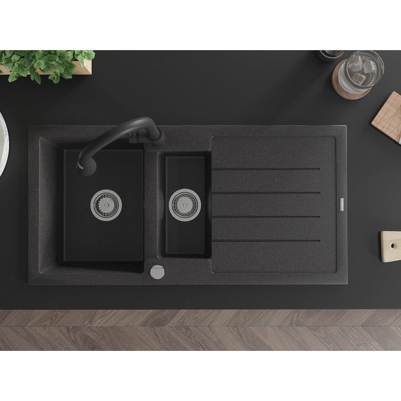 Mexen Andres zlewozmywak granitowy 1,5-komorowy z ociekaczem i baterią kuchenną Elia, czarny nakrapiany - 6515-76-670101-70
