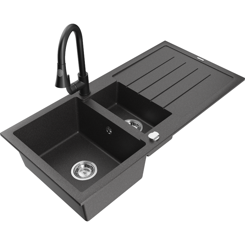 Mexen Andres zlewozmywak granitowy 1,5-komorowy z ociekaczem i baterią kuchenną Elia, czarny nakrapiany - 6515-76-670101-70