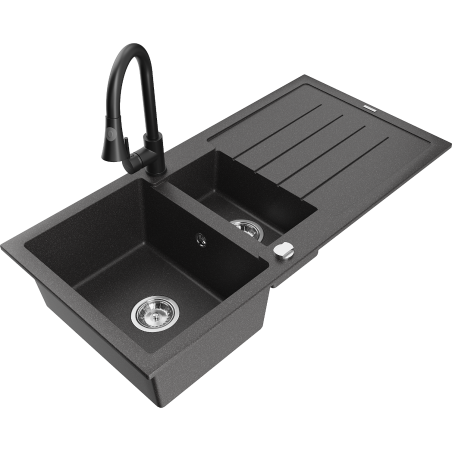 Mexen Andres zlewozmywak granitowy 1,5-komorowy z ociekaczem i baterią kuchenną Elia, czarny nakrapiany - 6515-76-670101-70
