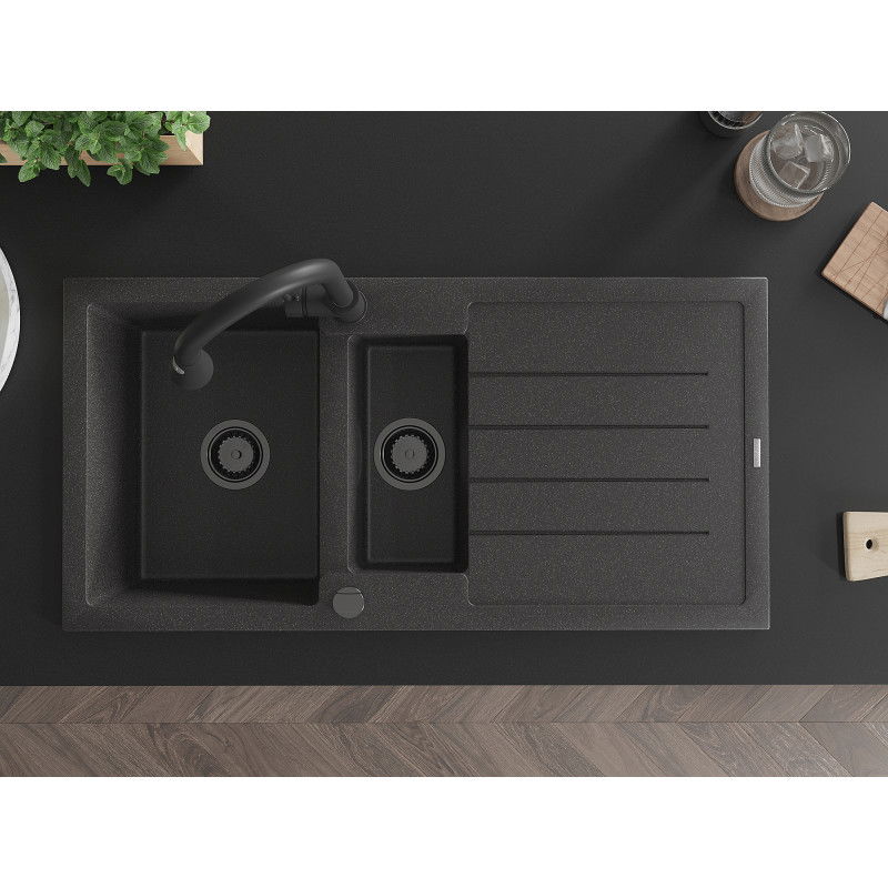 Mexen Andres zlewozmywak granitowy 1,5-komorowy z ociekaczem i baterią kuchenną Elia, czarny nakrapiany - 6515-76-670101-70-B