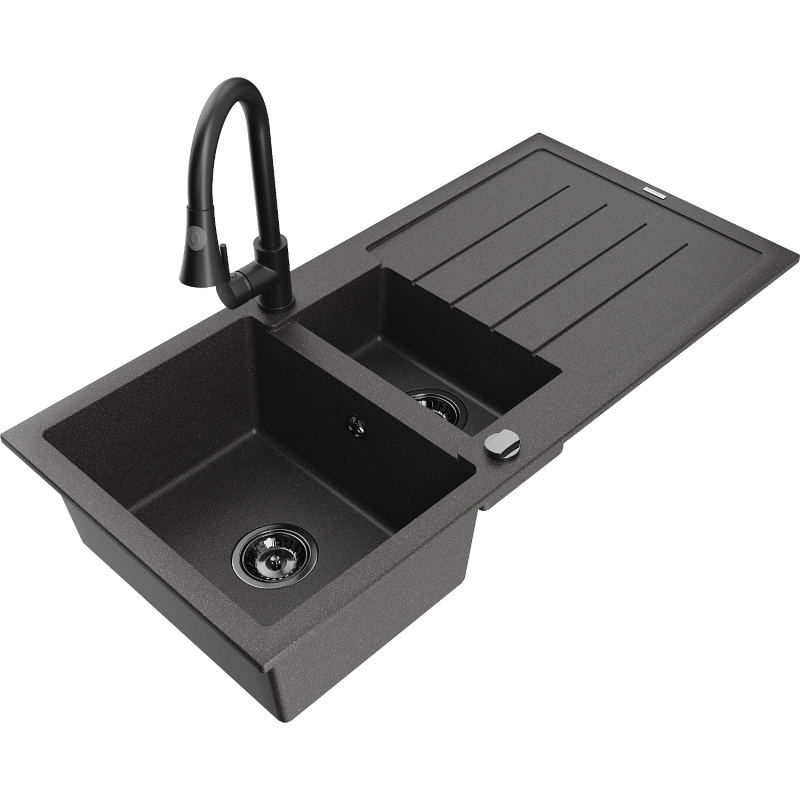 Mexen Andres zlewozmywak granitowy 1,5-komorowy z ociekaczem i baterią kuchenną Elia, czarny nakrapiany - 6515-76-670101-70-B