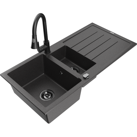 Mexen Andres zlewozmywak granitowy 1,5-komorowy z ociekaczem i baterią kuchenną Elia, czarny nakrapiany - 6515-76-670101-70-B