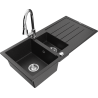 Mexen Andres zlewozmywak granitowy 1,5-komorowy z ociekaczem i baterią kuchenną Elia, czarny/srebrny metalik - 6515-73-670101-00