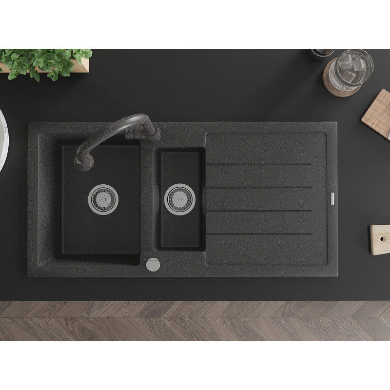 Mexen Andres zlewozmywak granitowy 1,5-komorowy z ociekaczem i baterią kuchenną Elia, czarny nakrapiany - 6515-76-670101-76