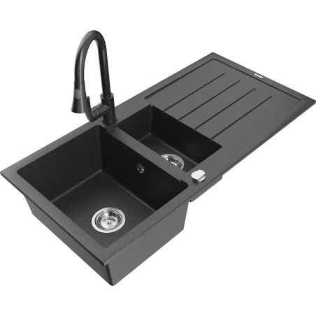 Mexen Andres zlewozmywak granitowy 1,5-komorowy z ociekaczem i baterią kuchenną Elia, czarny nakrapiany - 6515-76-670101-76