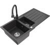 Mexen Andres zlewozmywak granitowy 1,5-komorowy z ociekaczem i baterią kuchenną Elia, czarny nakrapiany - 6515-76-670101-76