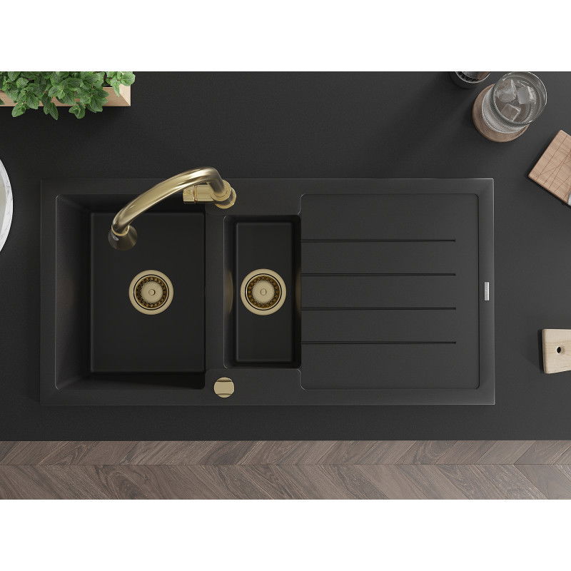 Mexen Andres zlewozmywak granitowy 1,5-komorowy z ociekaczem i baterią kuchenną Elia, czarny - 6515-77-670101-50