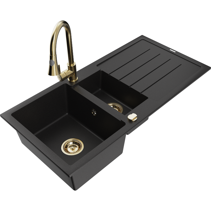 Mexen Andres zlewozmywak granitowy 1,5-komorowy z ociekaczem i baterią kuchenną Elia, czarny - 6515-77-670101-50