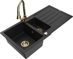 Mexen Andres zlewozmywak granitowy 1,5-komorowy z ociekaczem i baterią kuchenną Elia, czarny - 6515-77-670101-50