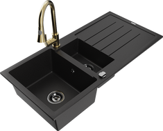 Mexen Andres zlewozmywak granitowy 1,5-komorowy z ociekaczem i baterią kuchenną Elia, czarny - 6515-77-670101-50-B