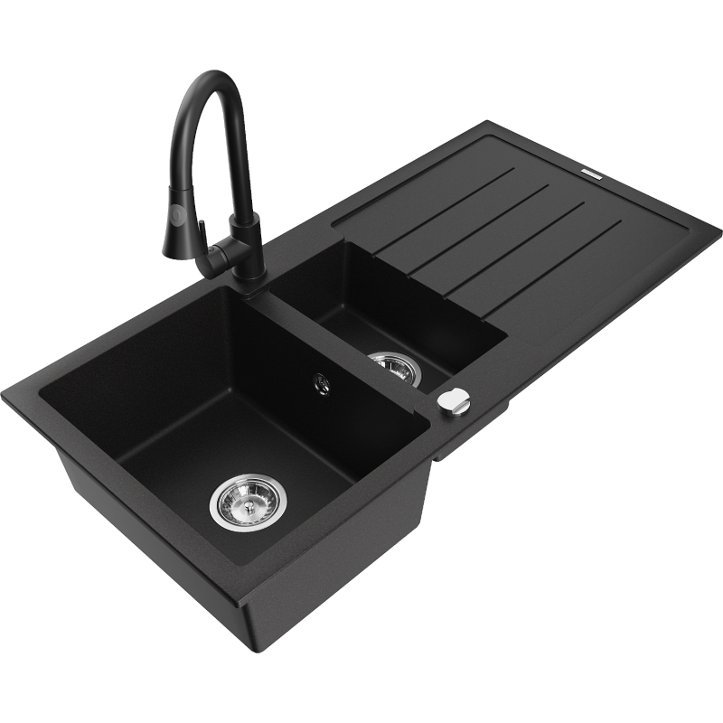 Mexen Andres zlewozmywak granitowy 1,5-komorowy z ociekaczem i baterią kuchenną Elia, czarny - 6515-77-670101-70