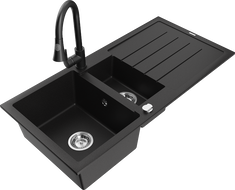 Mexen Andres zlewozmywak granitowy 1,5-komorowy z ociekaczem i baterią kuchenną Elia, czarny - 6515-77-670101-70