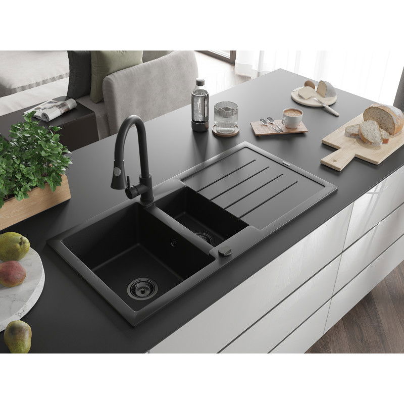 Mexen Andres zlewozmywak granitowy 1,5-komorowy z ociekaczem i baterią kuchenną Elia, czarny - 6515-77-670101-70-B