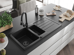 Mexen Andres zlewozmywak granitowy 1,5-komorowy z ociekaczem i baterią kuchenną Elia, czarny - 6515-77-670101-70-B