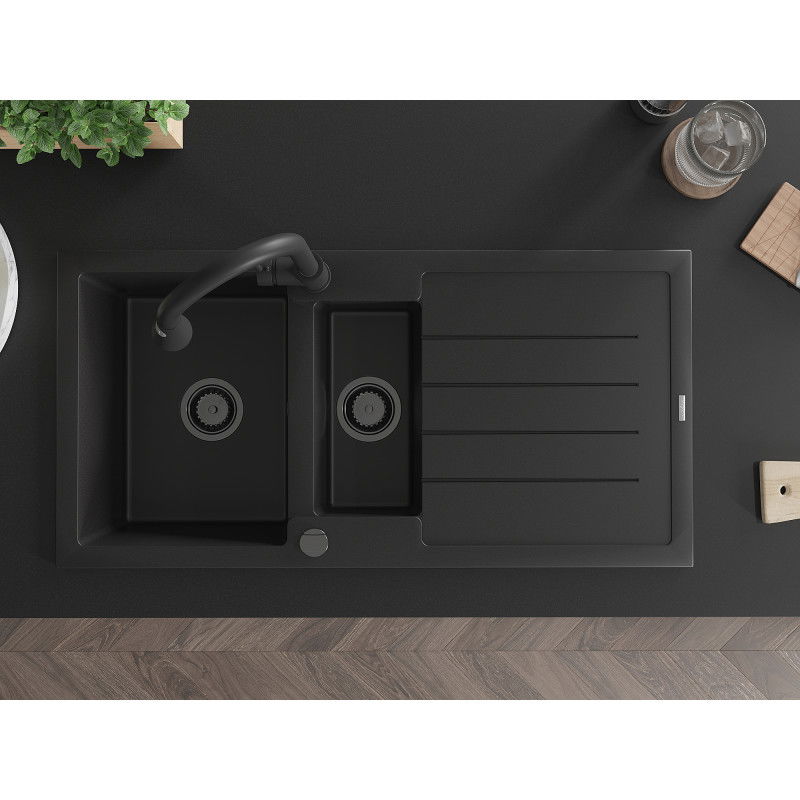 Mexen Andres zlewozmywak granitowy 1,5-komorowy z ociekaczem i baterią kuchenną Elia, czarny - 6515-77-670101-70-B