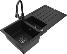 Mexen Andres zlewozmywak granitowy 1,5-komorowy z ociekaczem i baterią kuchenną Elia, czarny - 6515-77-670101-70-B