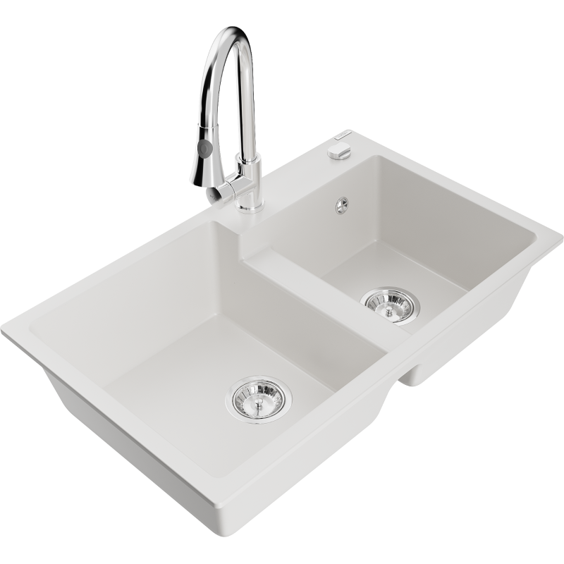 Mexen Tomas zlewozmywak granitowy 2-komorowy z baterią kuchenną Elia, biały - 6516-20-670101-00